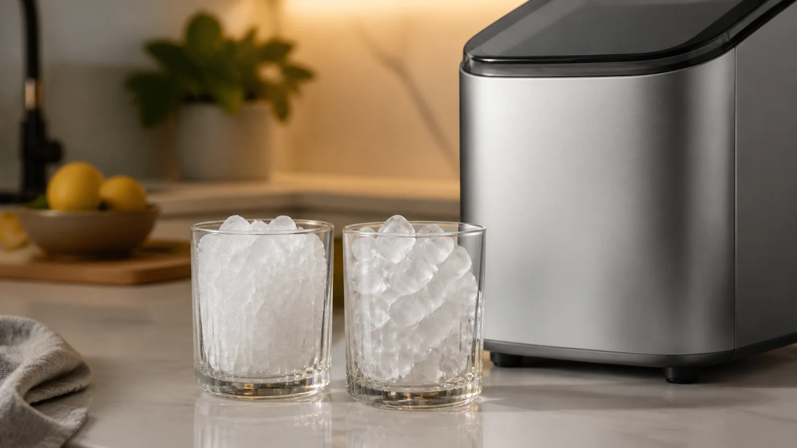 Side-by-side comparison of nugget ice and bullet ice for countertop machines