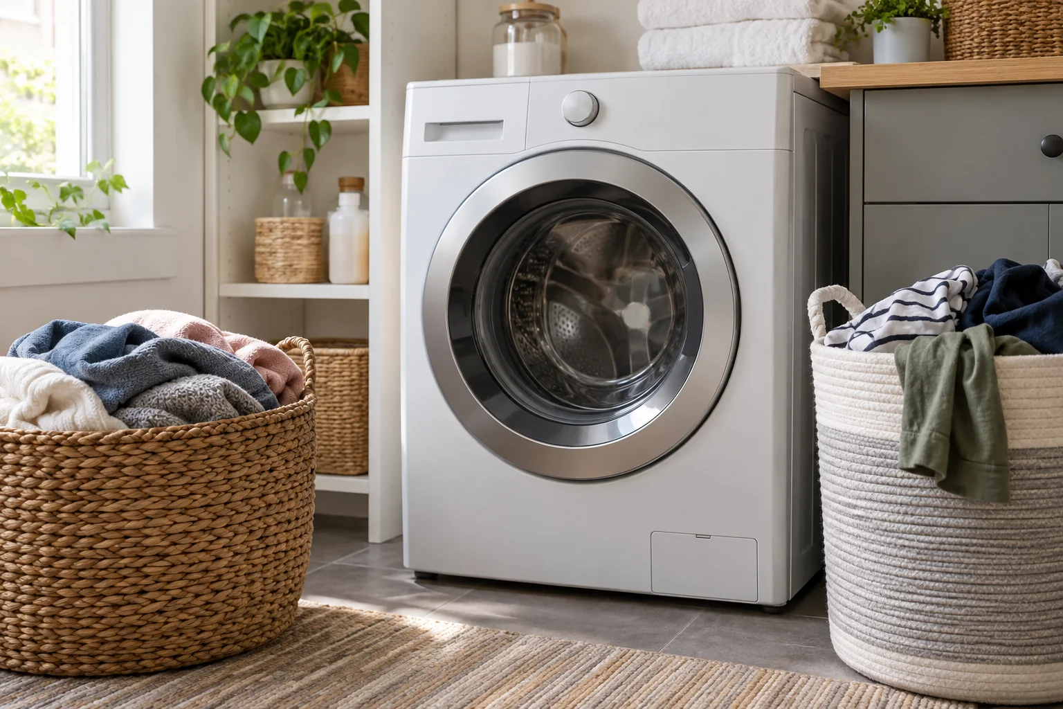 Generic front-loading laundry appliance beside two baskets of clothes