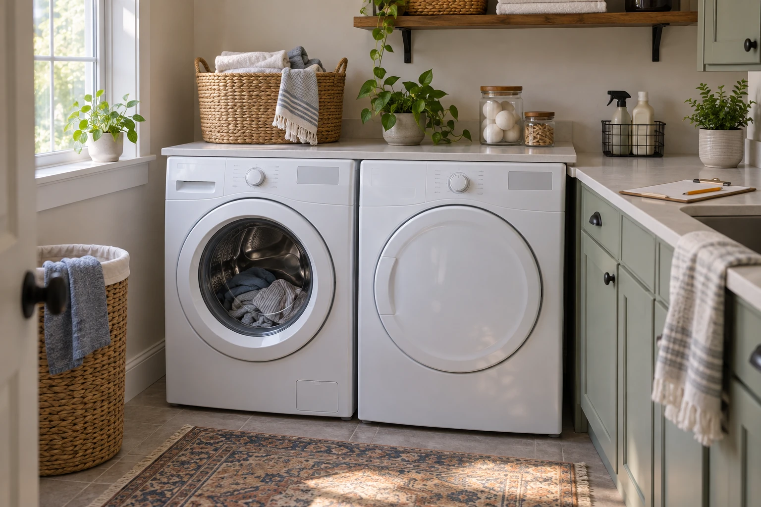 Two unbranded laundry appliances beside a clipboard for checking model compatibility