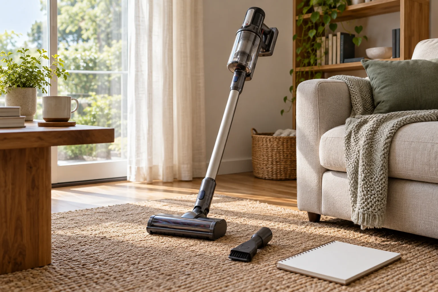 Generic cordless stick vacuum with a floorhead and a separate small nozzle beside a blank notebook