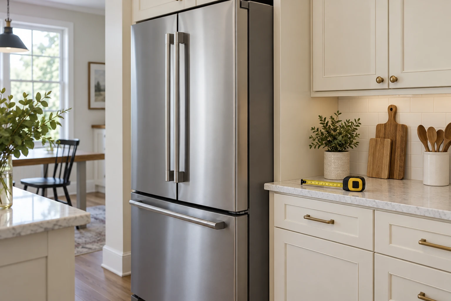 Unbranded counter-depth refrigerator beside kitchen cabinetry with a tape measure on the counter