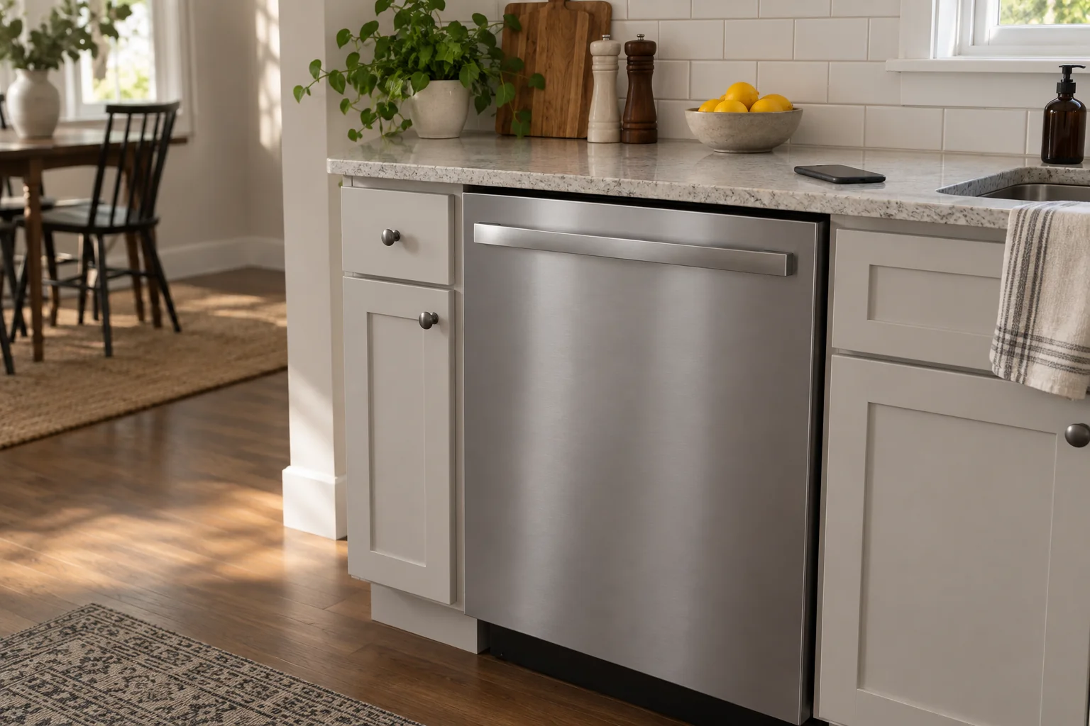 Closed dishwasher with a smartphone lying face down on the adjacent kitchen counter