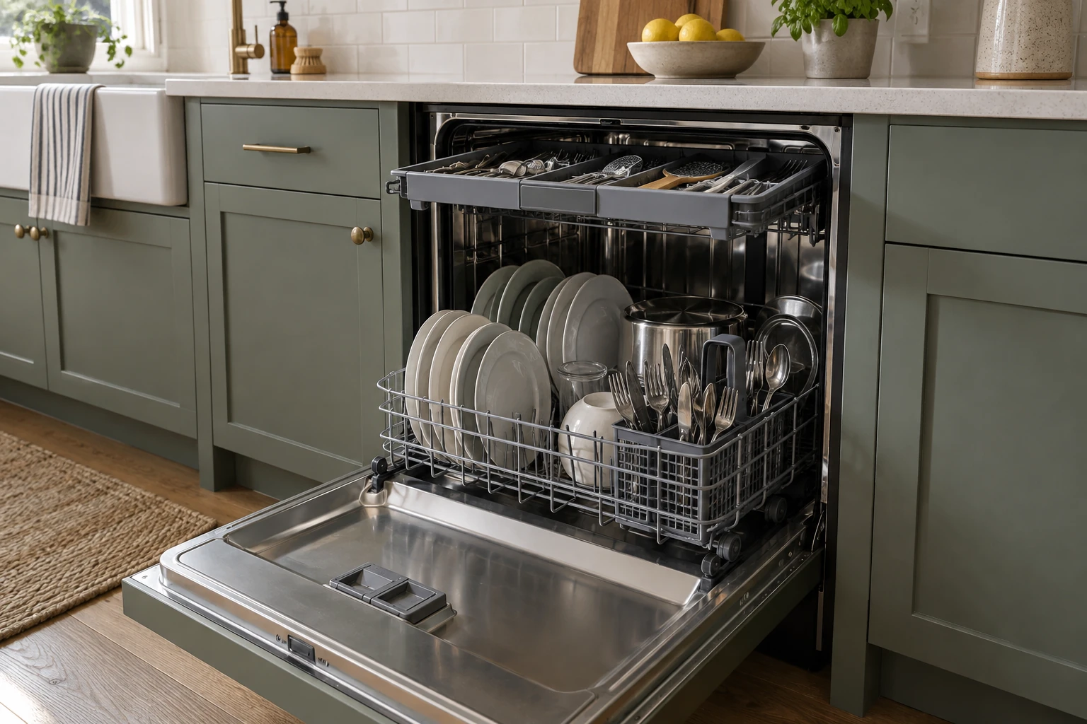 Open dishwasher with an upper cutlery tray and lower utensil basket