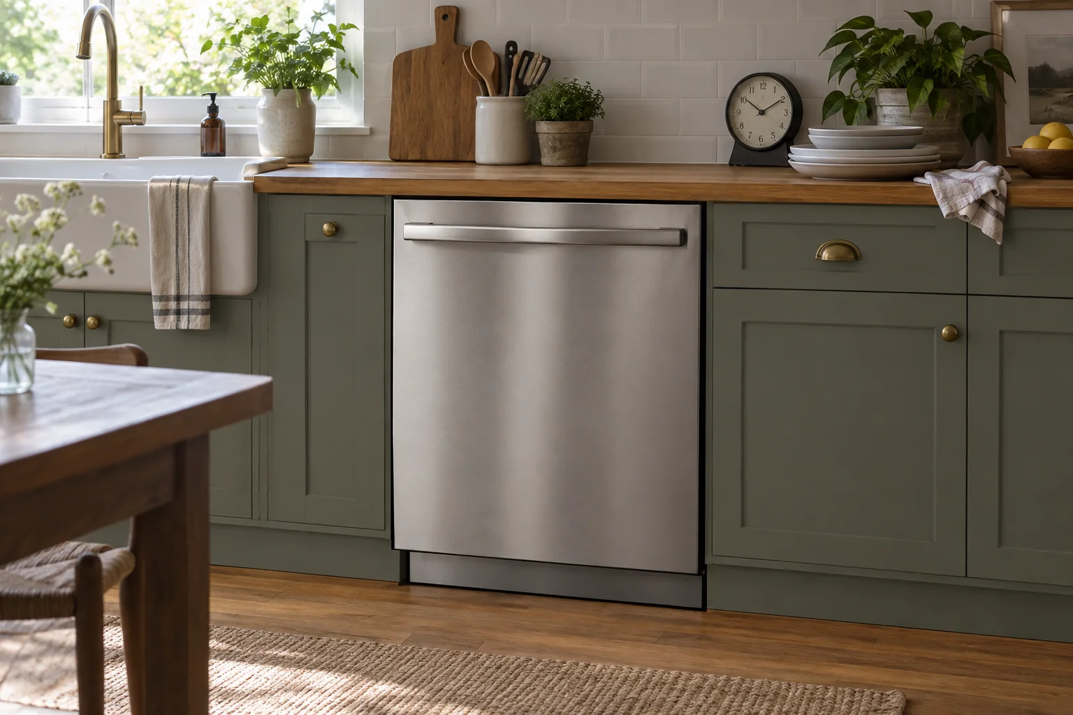 Closed dishwasher beside a kitchen counter with a clock and plates