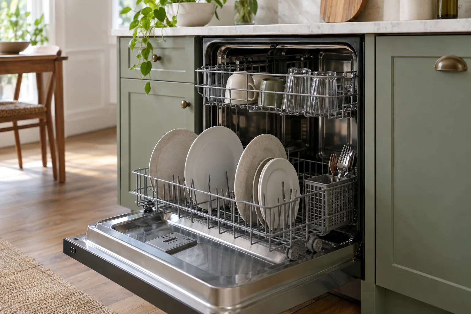 Open dishwasher with cups in the upper rack and plates in the lower rack