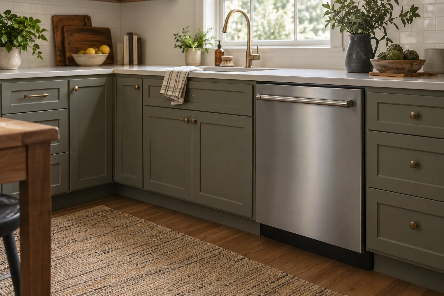 Closed dishwasher with a bar handle beside kitchen cabinets
