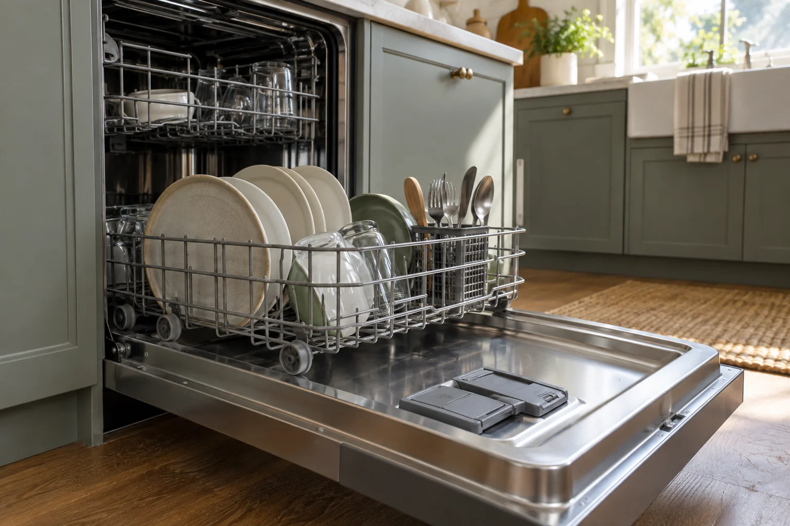 Open generic dishwasher with the lower rack pulled out and its detergent dispenser visible on the door