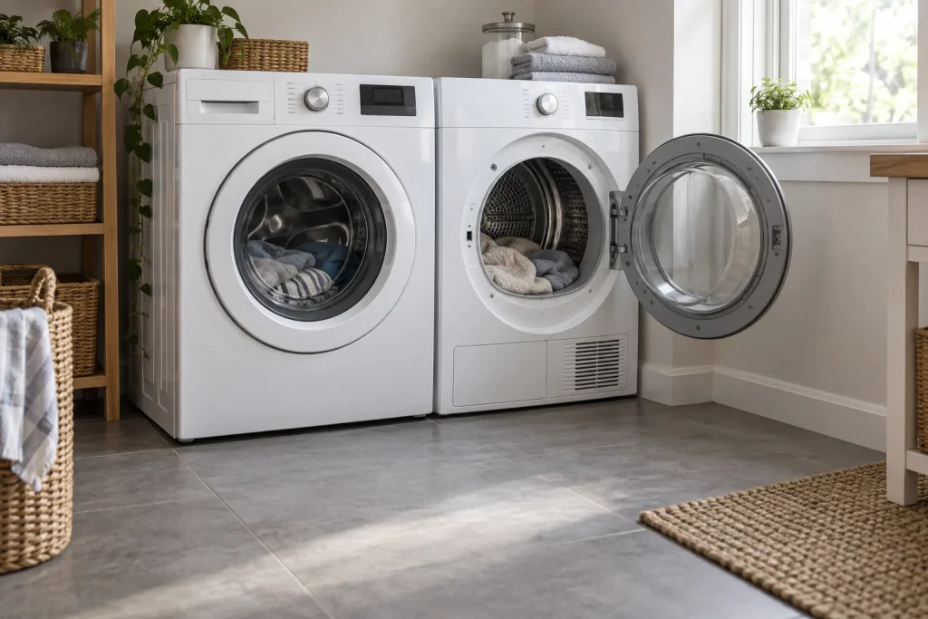 White dryer with an open round door beside a closed washer