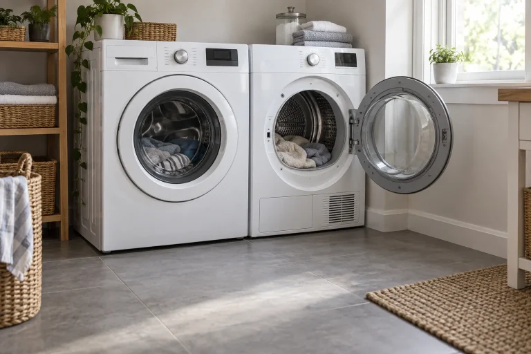 White dryer with an open round door beside a closed washer