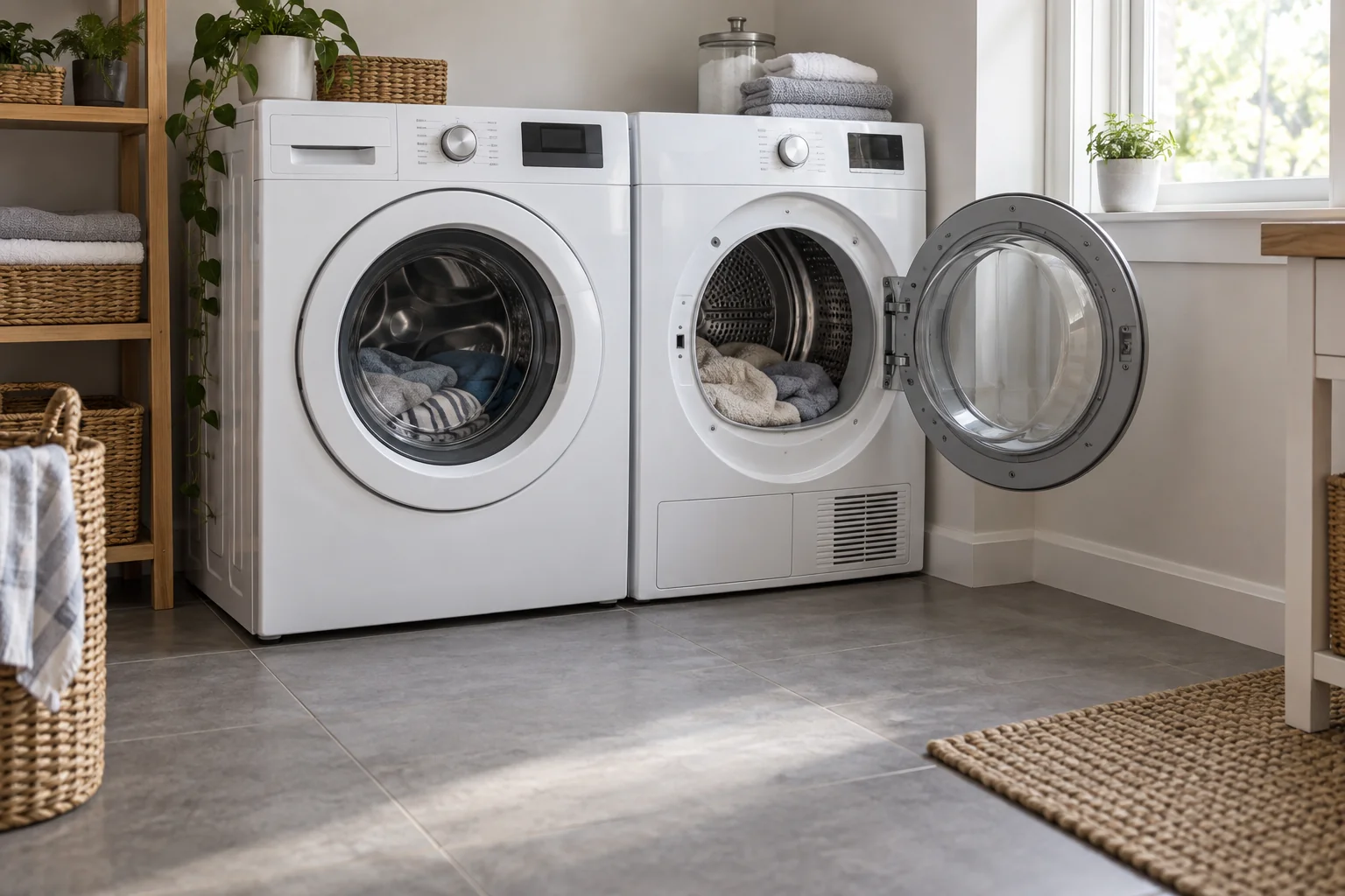 White dryer with an open round door beside a closed washer