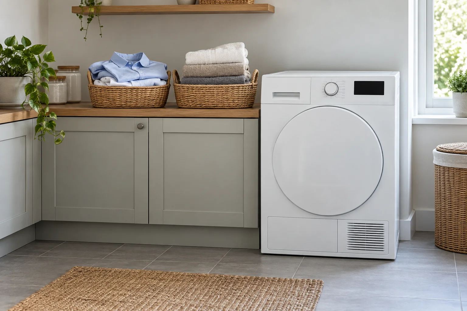 White tumble dryer beside separate baskets of shirts and towels