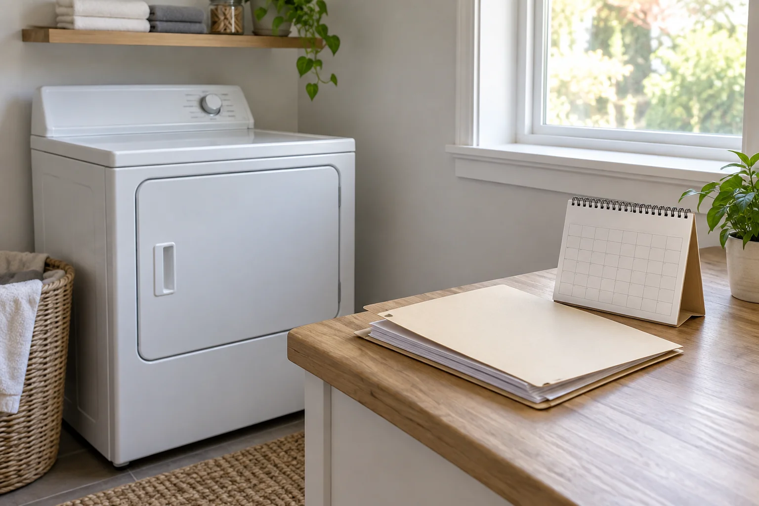 Closed generic dryer beside a folder of blank paperwork and a plain calendar