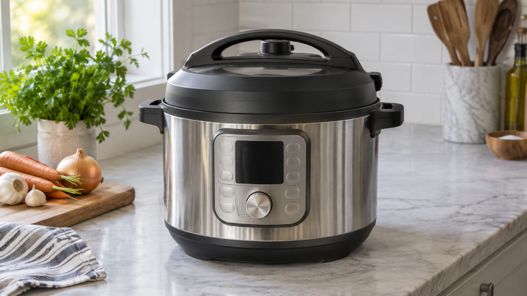 Electric pressure cooker with closed lid on a counter
