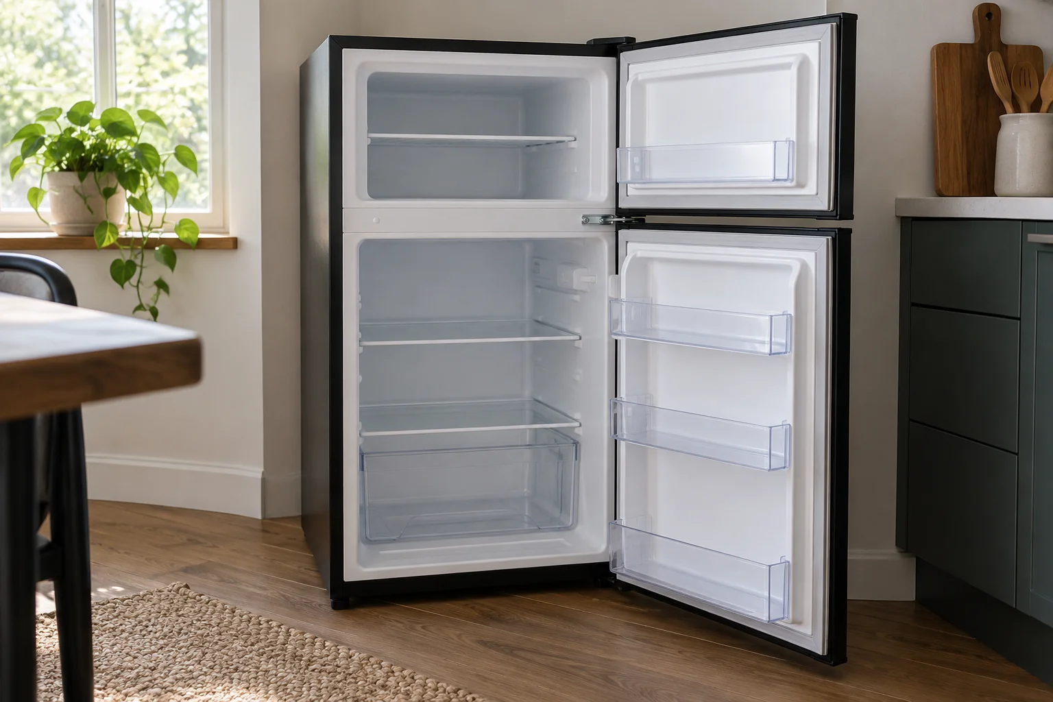 An open compact refrigerator with a separate small upper freezer door also open, empty compartments