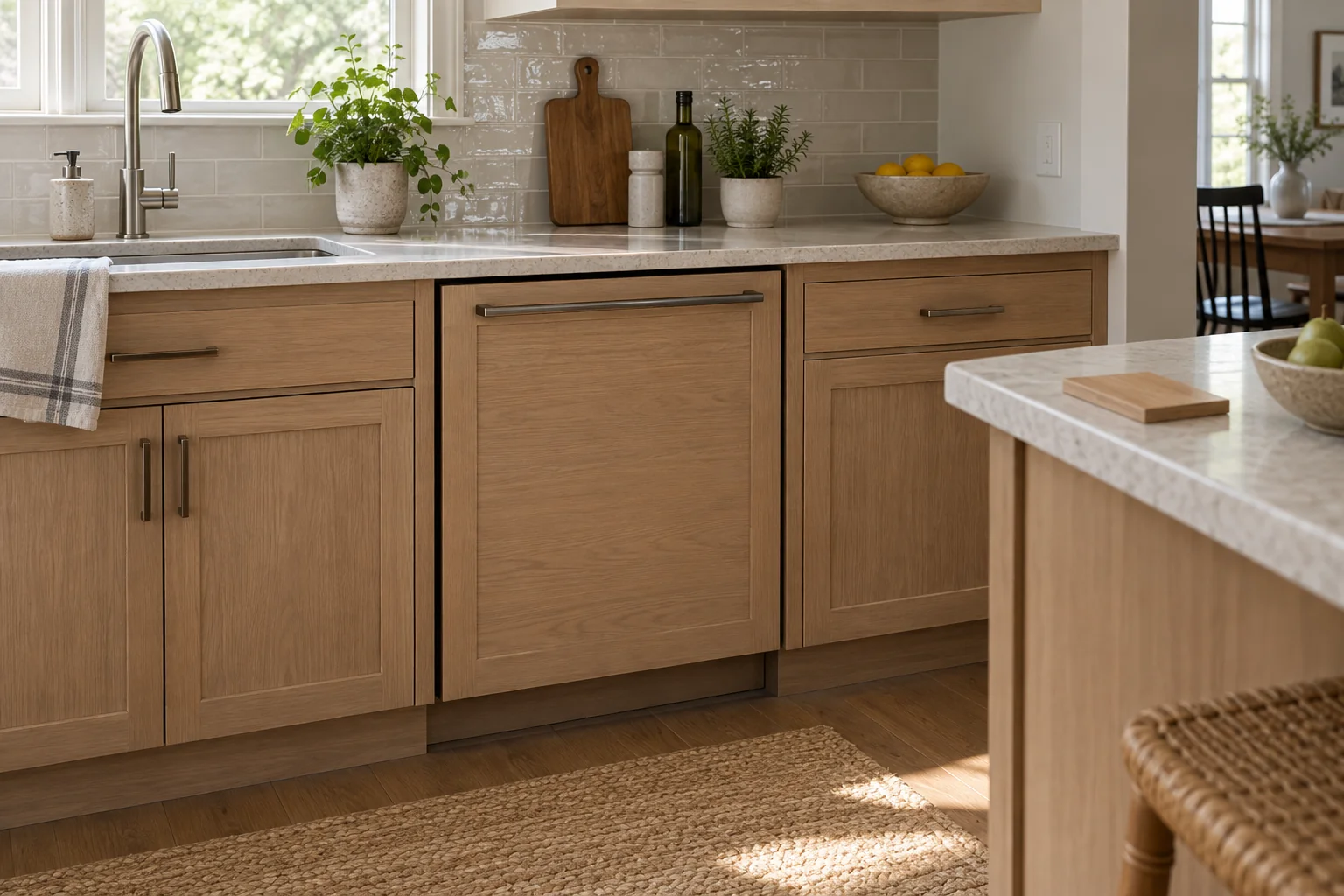 Closed wood-panel dishwasher with a matching wood sample on the countertop