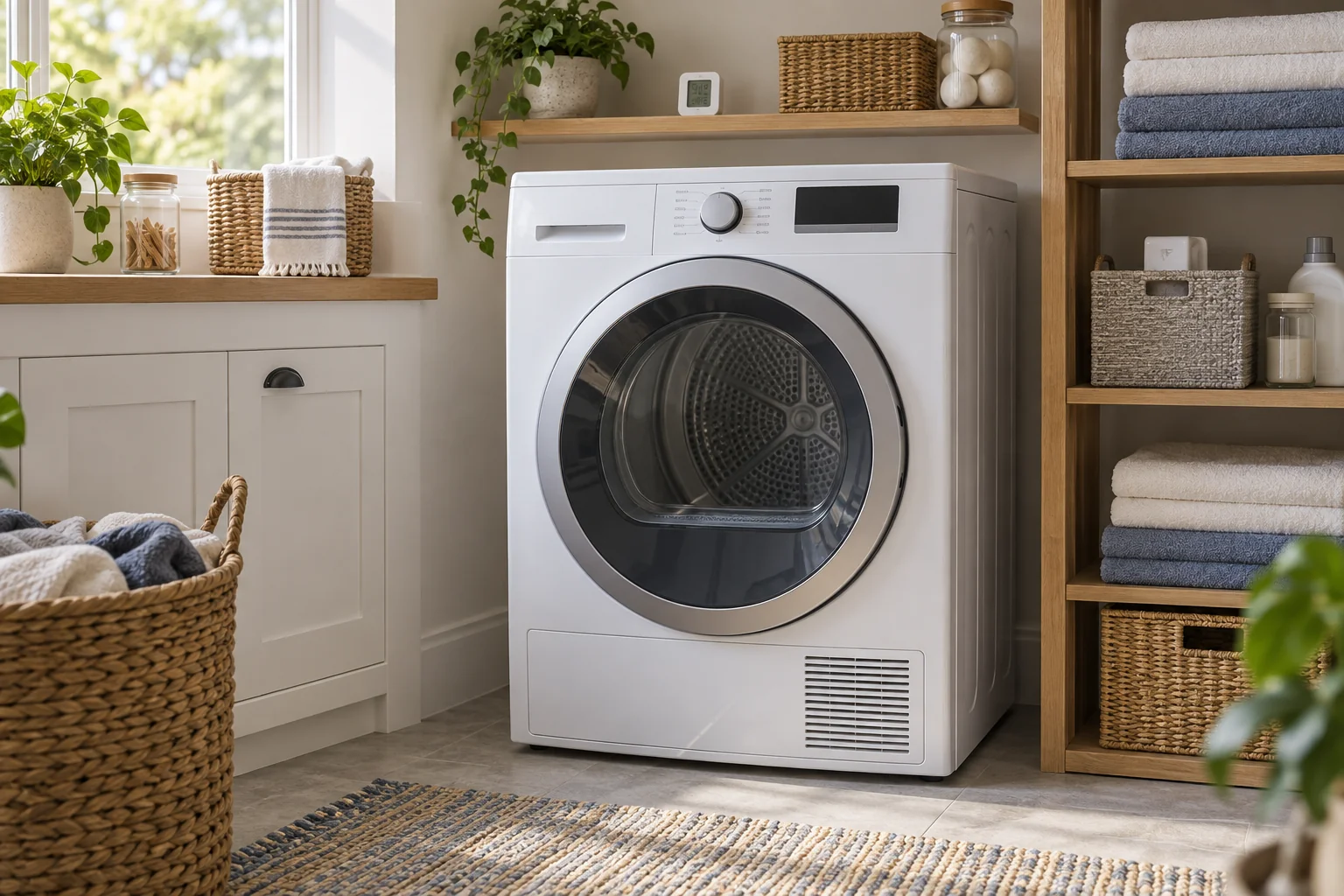 Generic dryer in an indoor laundry room with a thermometer on a shelf