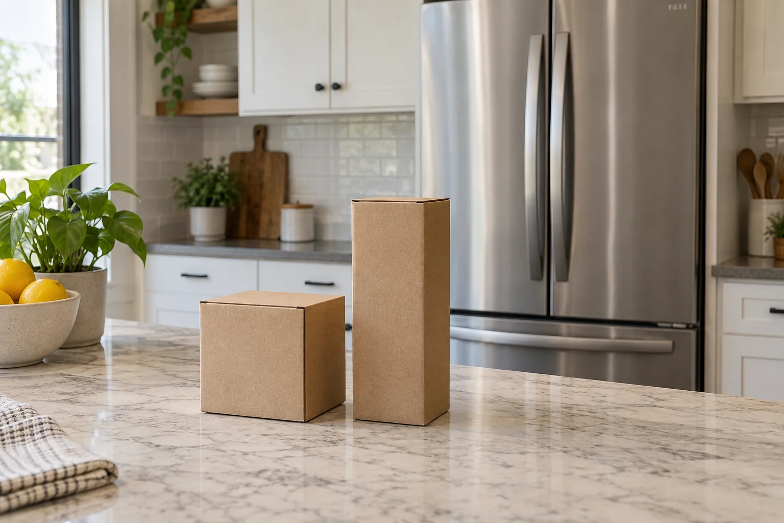 Two sealed blank cardboard filter packages on a counter with a closed refrigerator in the background