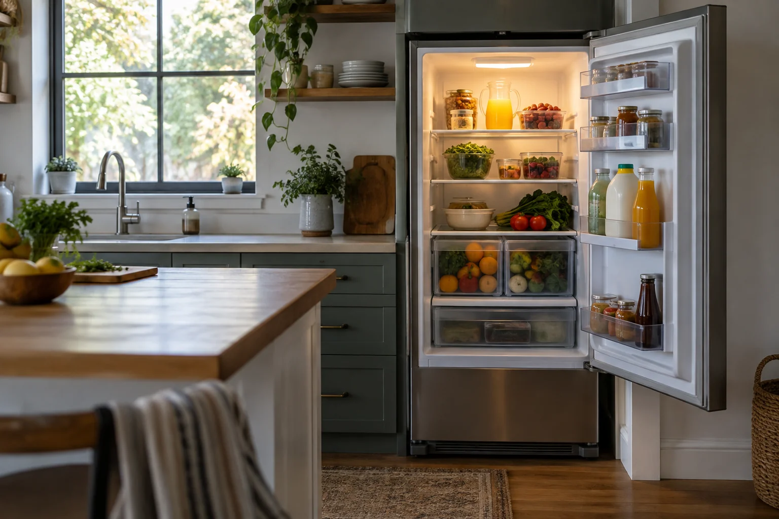 Generic refrigerator with its door open and the interior light on, no readable display