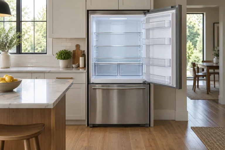 Open refrigerator with empty fresh-food shelves and a closed lower drawer