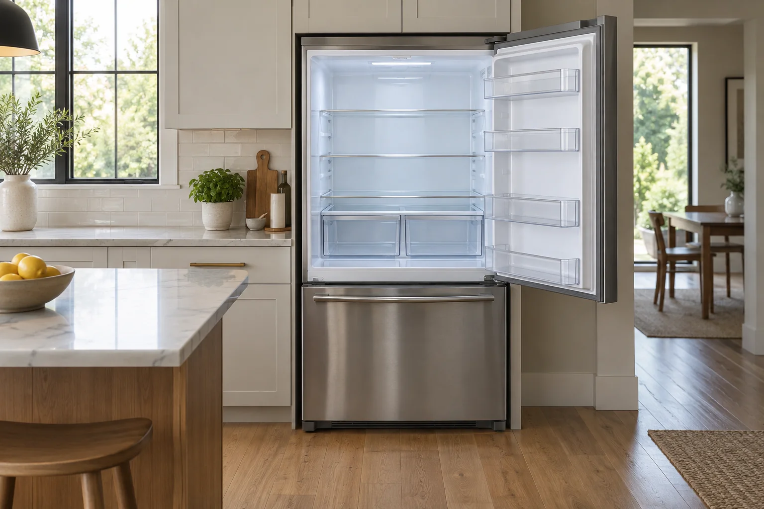 Open refrigerator with empty fresh-food shelves and a closed lower drawer