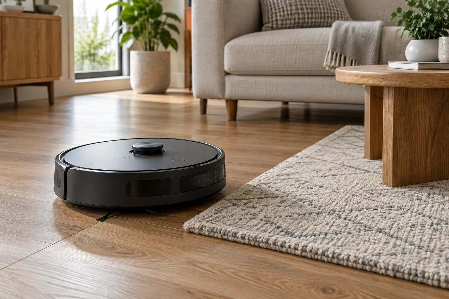 Generic round robot vacuum beside the edge of a neutral rug on a wood floor
