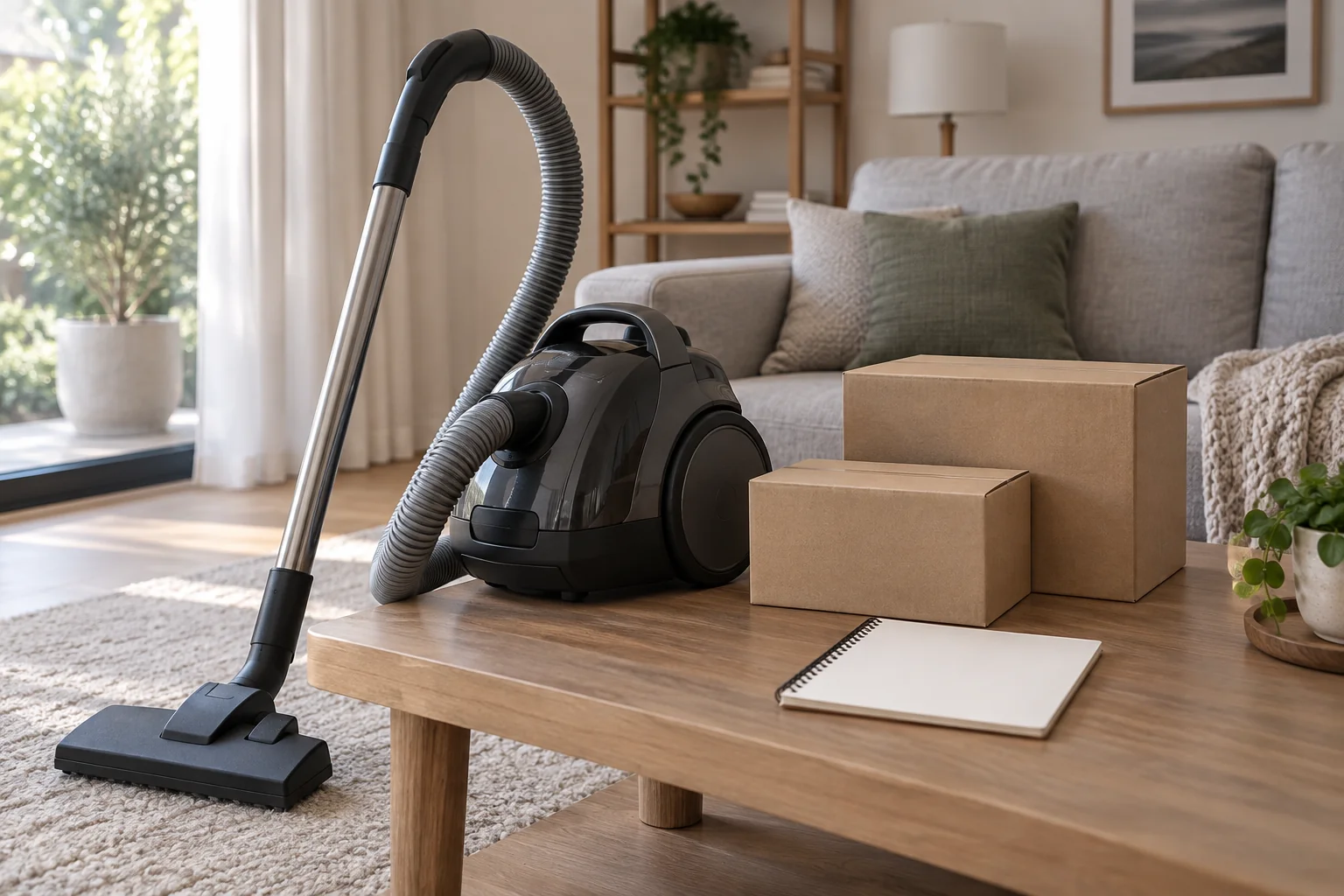 Canister vacuum beside two sealed plain accessory boxes and a blank notebook on a low table