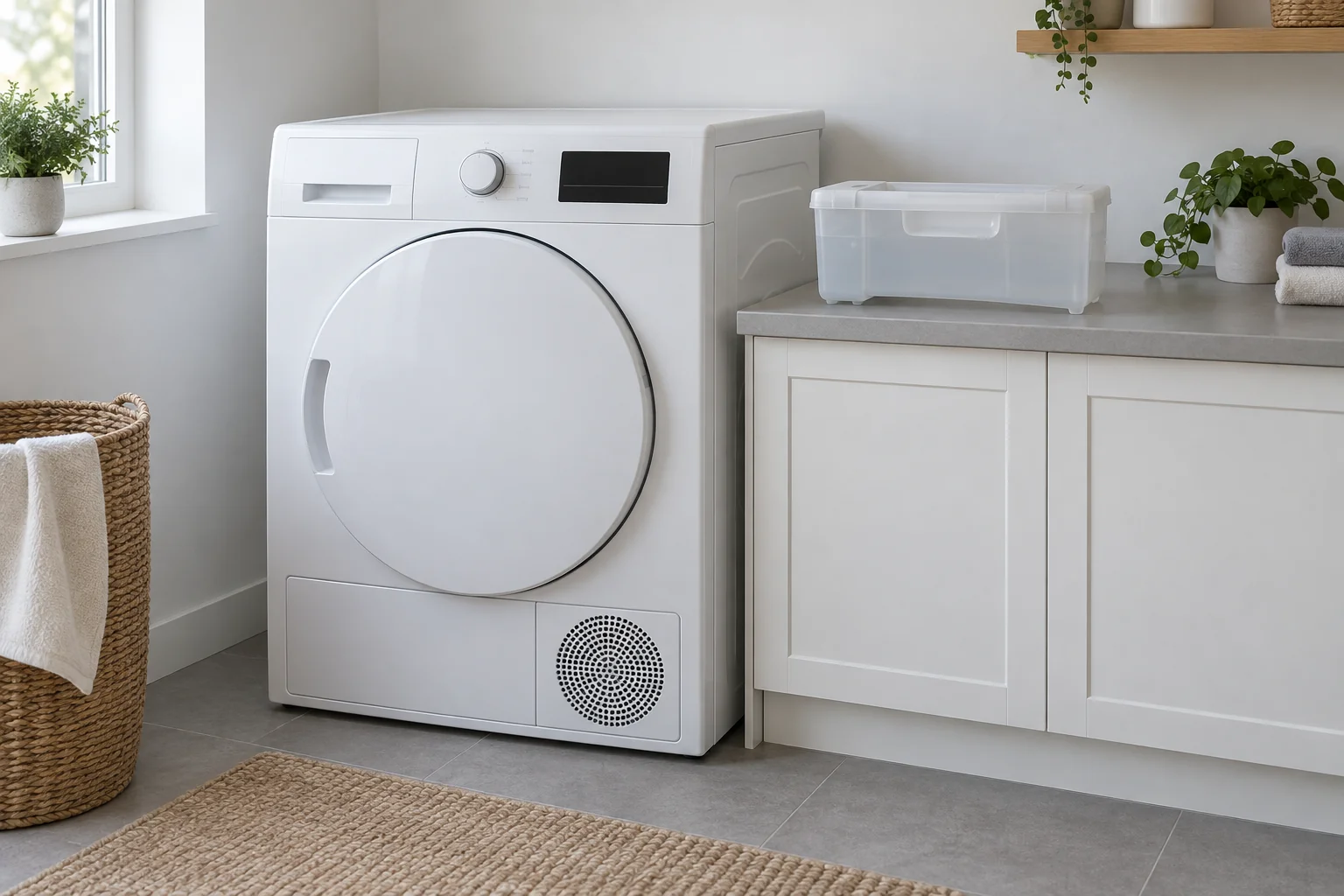 White tumble dryer beside a translucent container on an adjacent counter