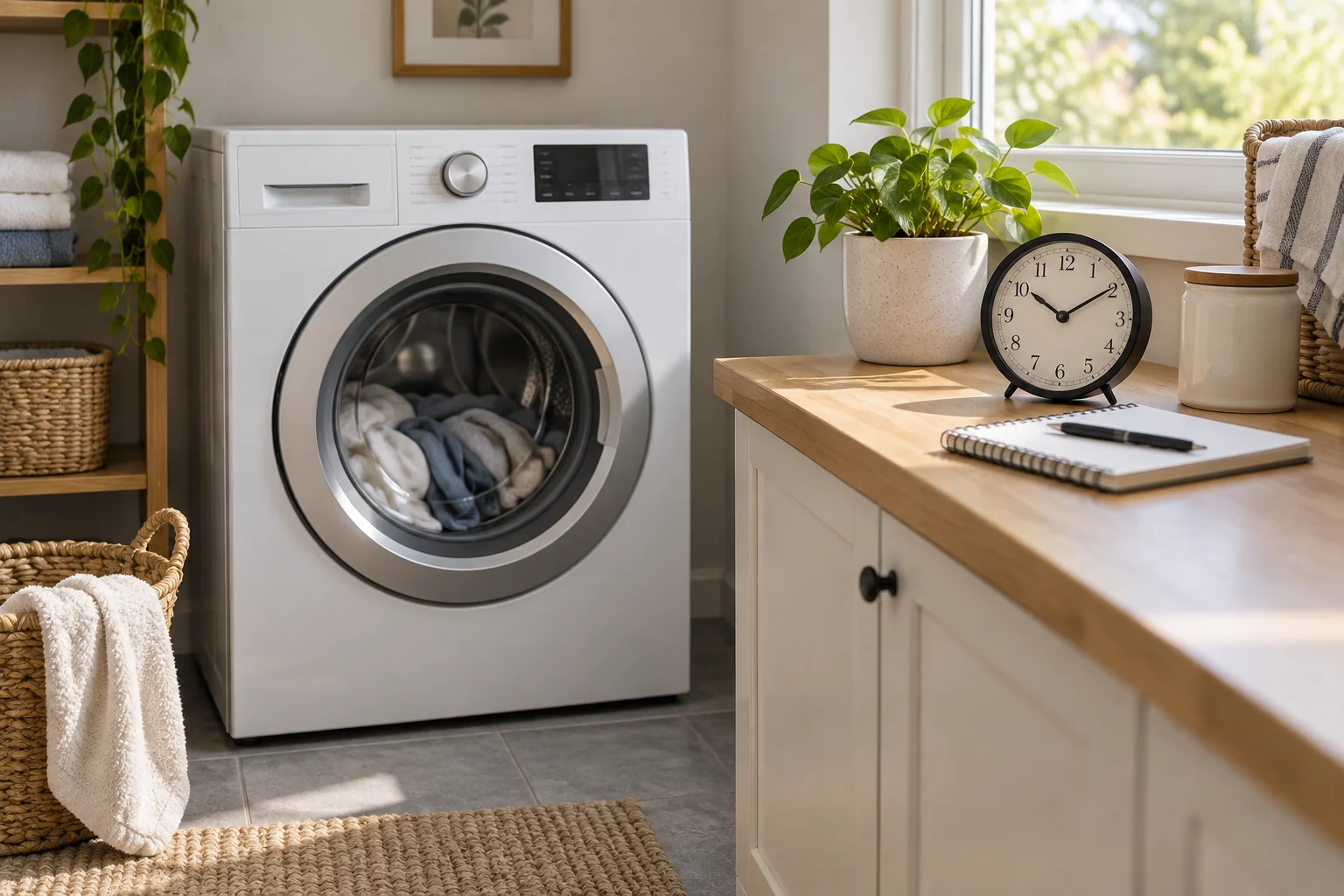 Washing machine beside a clock and an open notebook