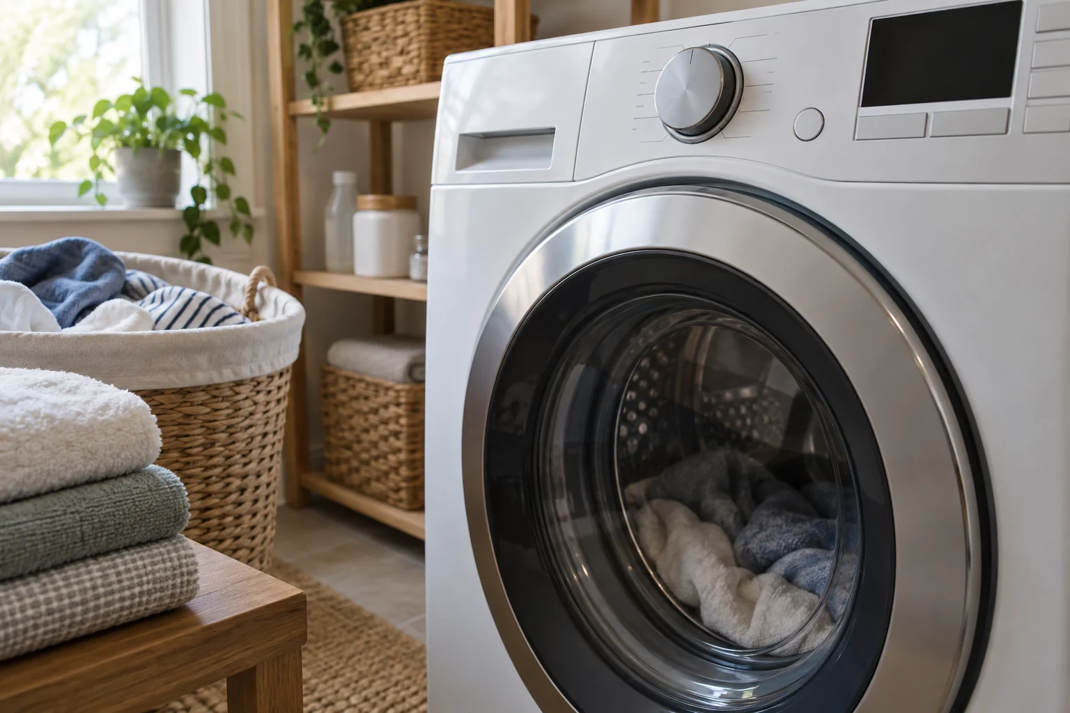 Washing machine control panel beside a laundry basket