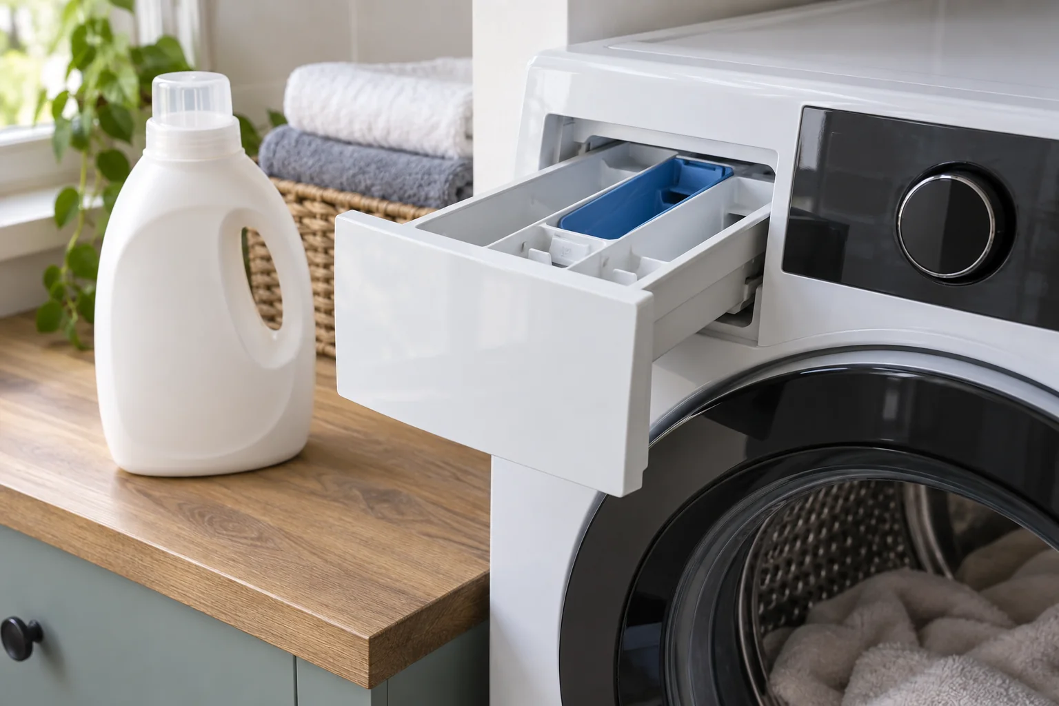 Washing machine with an open dispenser drawer and an unbranded closed detergent bottle beside it