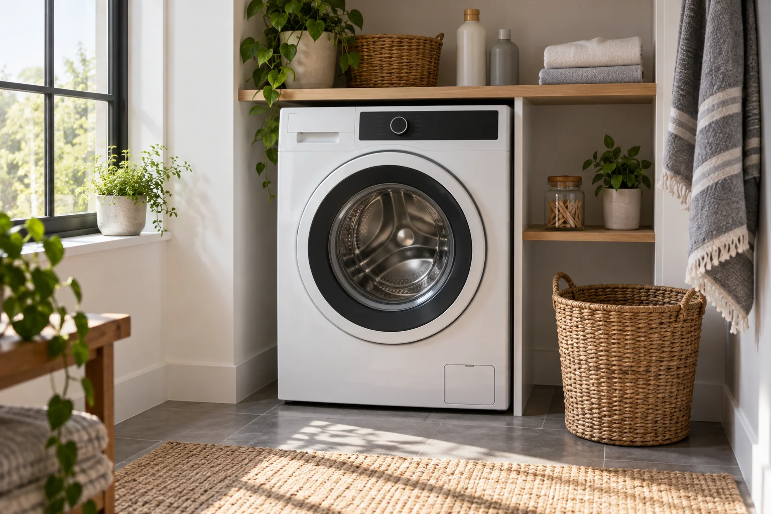 Closed white front-loading washing machine with a dark control panel