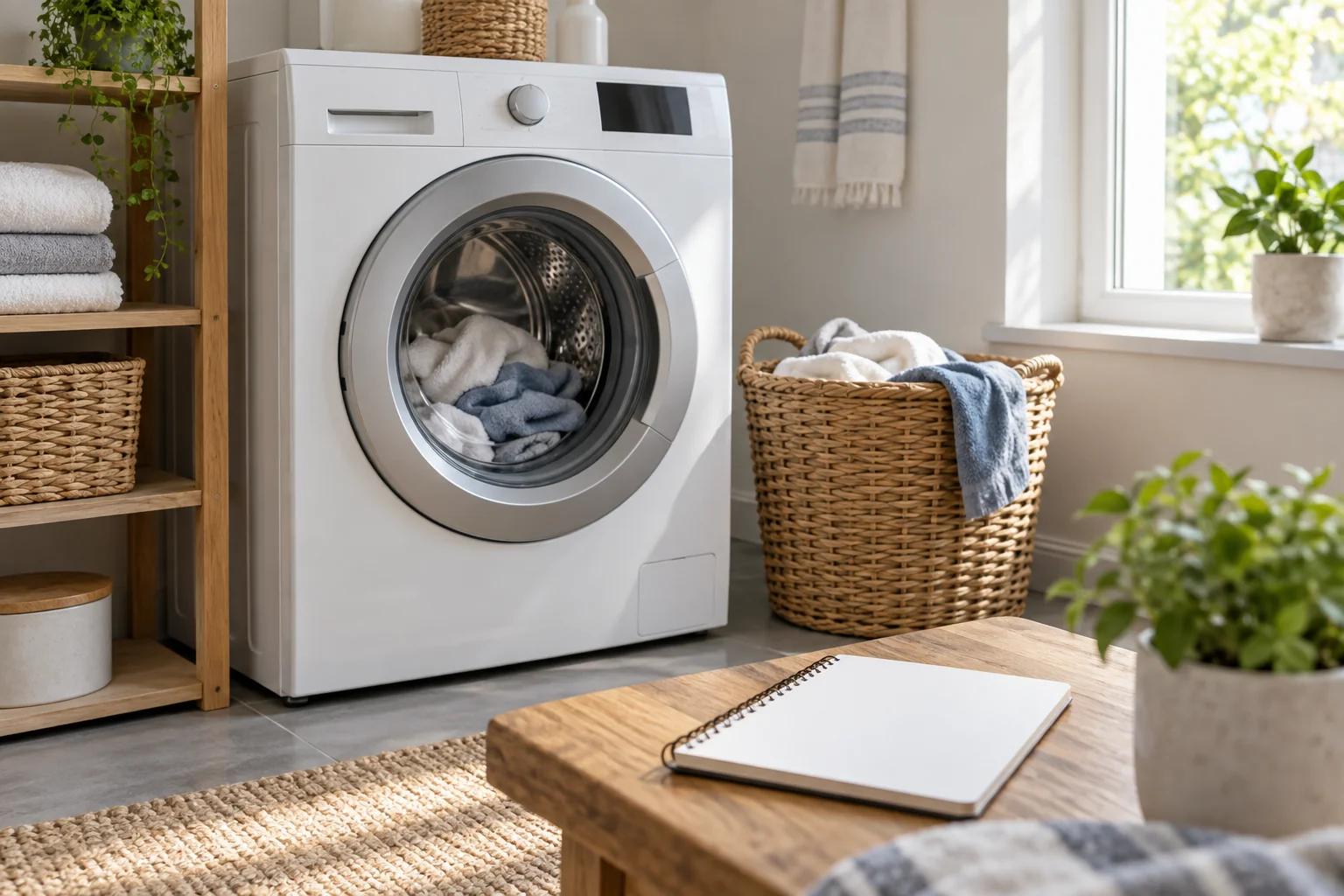 Generic front-loading washing machine beside a blank notebook and laundry basket